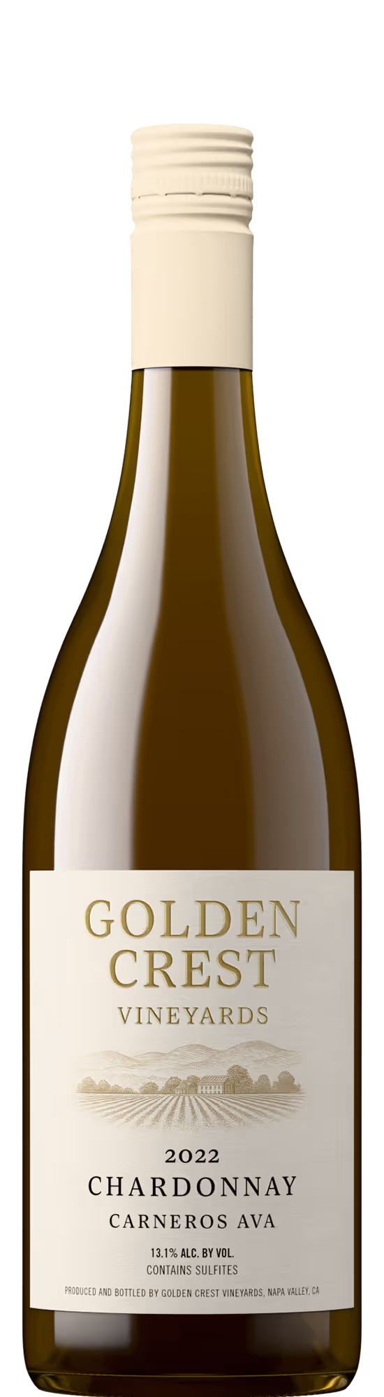 Chardonnay wine bottle from Carneros California featuring a traditional label with a vineyard illustration.