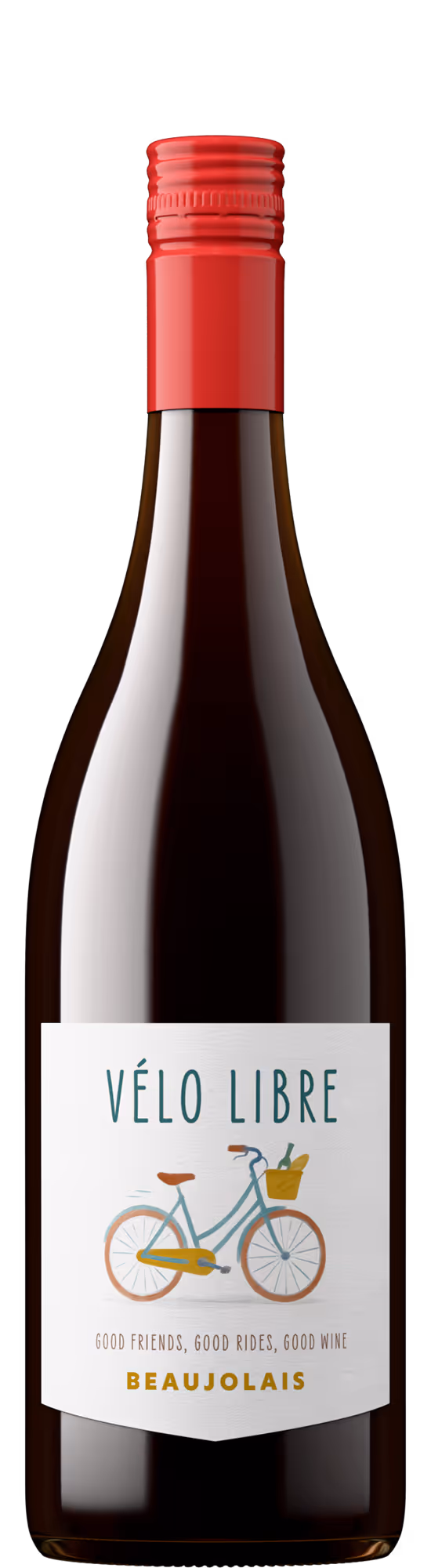 A photorealistic 3D render of a Beaujolais wine bottle, designed in a classic Burgundy style and featuring a vibrant red Stelvin cap. Created by Outshinery Lite.