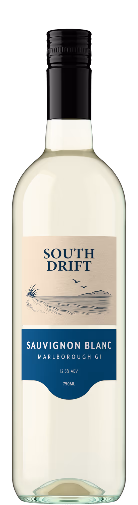 A Marlborough Sauvignon Blanc from New Zealand, elegantly presented in a sleek claret-shaped bottle with vibrant aqua glass.