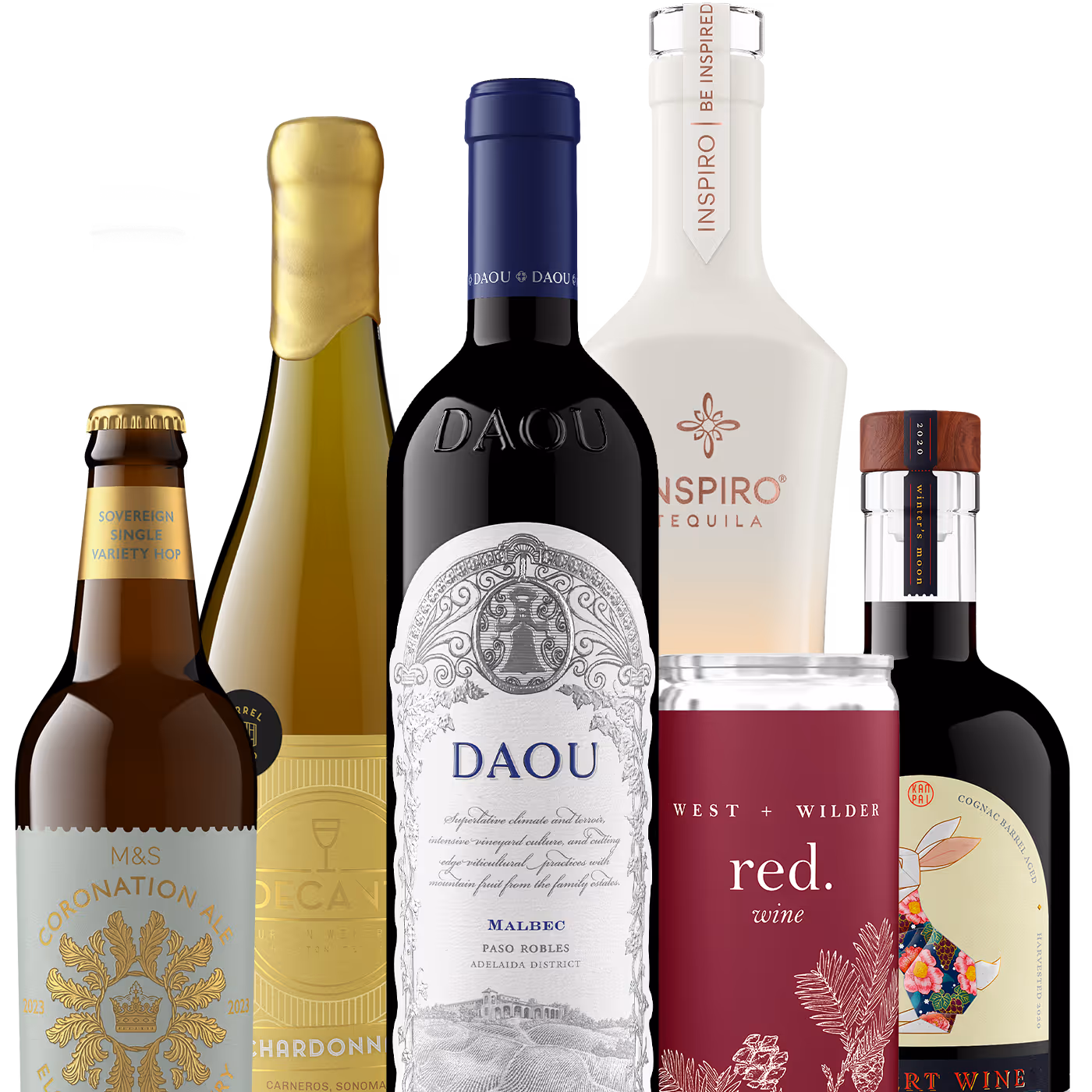 complex photorealistic renders of varied wine bottles and cans created by Outshinery Studio using 3D software