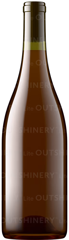 Wine bottle shot in antique green glass with deep salmon liquid, showing glass and wine color combination in Outshinery Lite