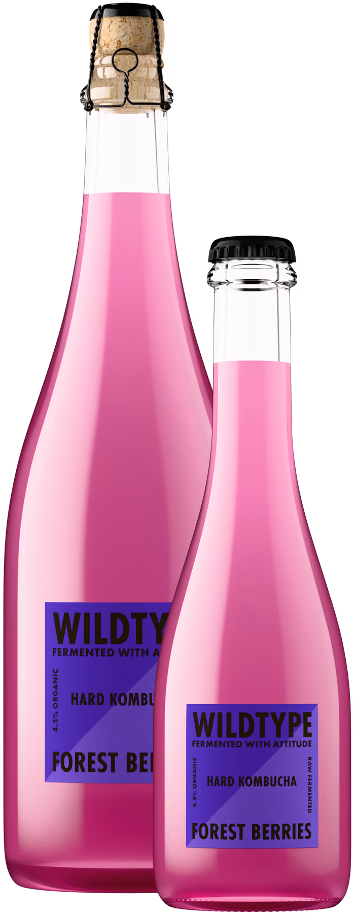 WildType Forest Berries Hard Kombucha bottle shots in pink glass showing 750ml and 375ml sizes, product photography by Outshinery Lite