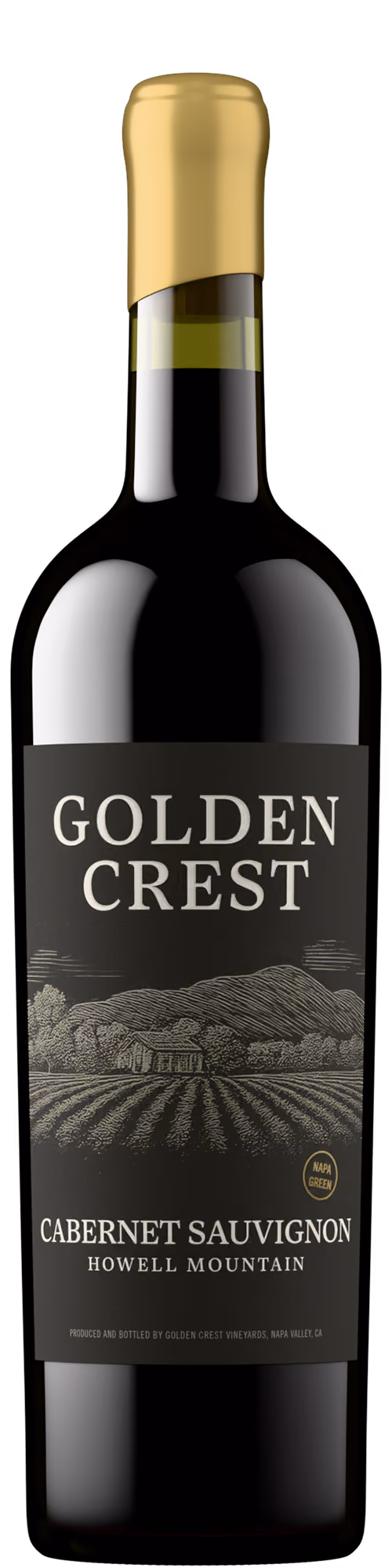 Golden Crest Cabernet Sauvignon wine bottle shot with gold capsule and dark label, a Howell Mountain red wine product image created with Outshinery Lite
