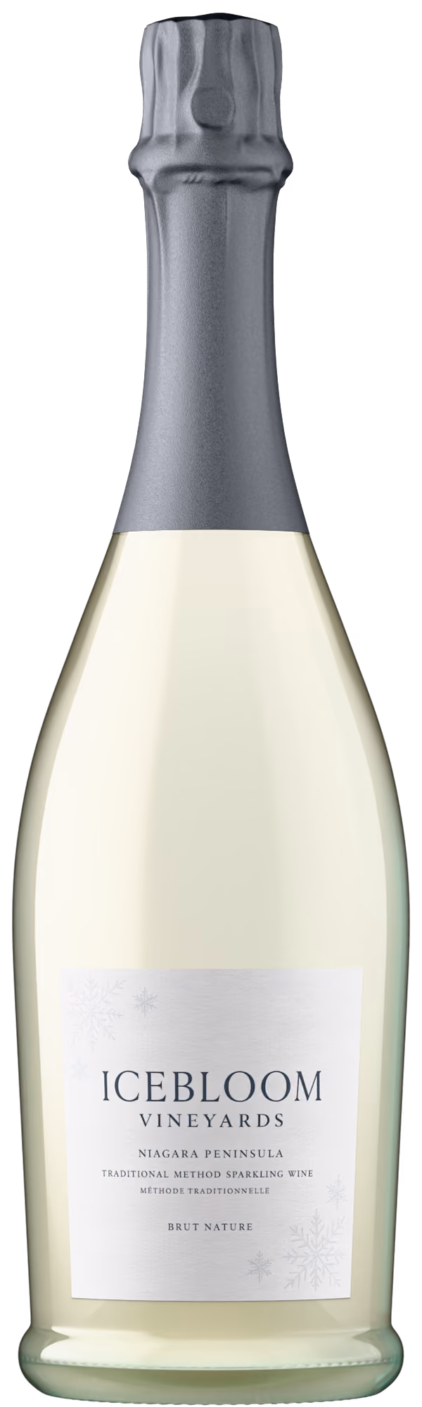 Icebloom Vineyards Brut Nature sparkling wine bottle shot with silver cage and capsule, a Niagara Peninsula product image created with Outshinery Lite