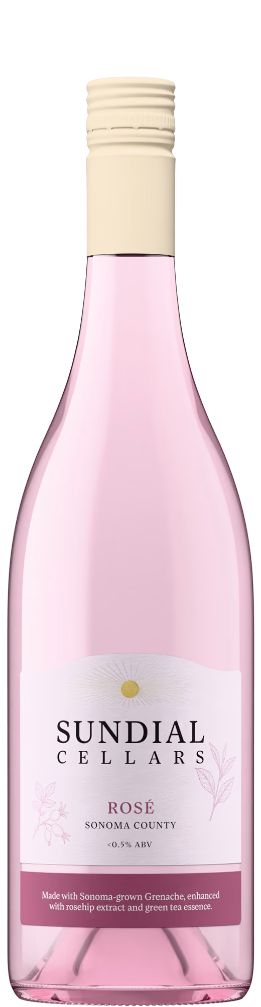 Sundial Cellars Rose wine bottle shot in clear glass with pale pink liquid, a Sonoma County product image created with Outshinery Lite