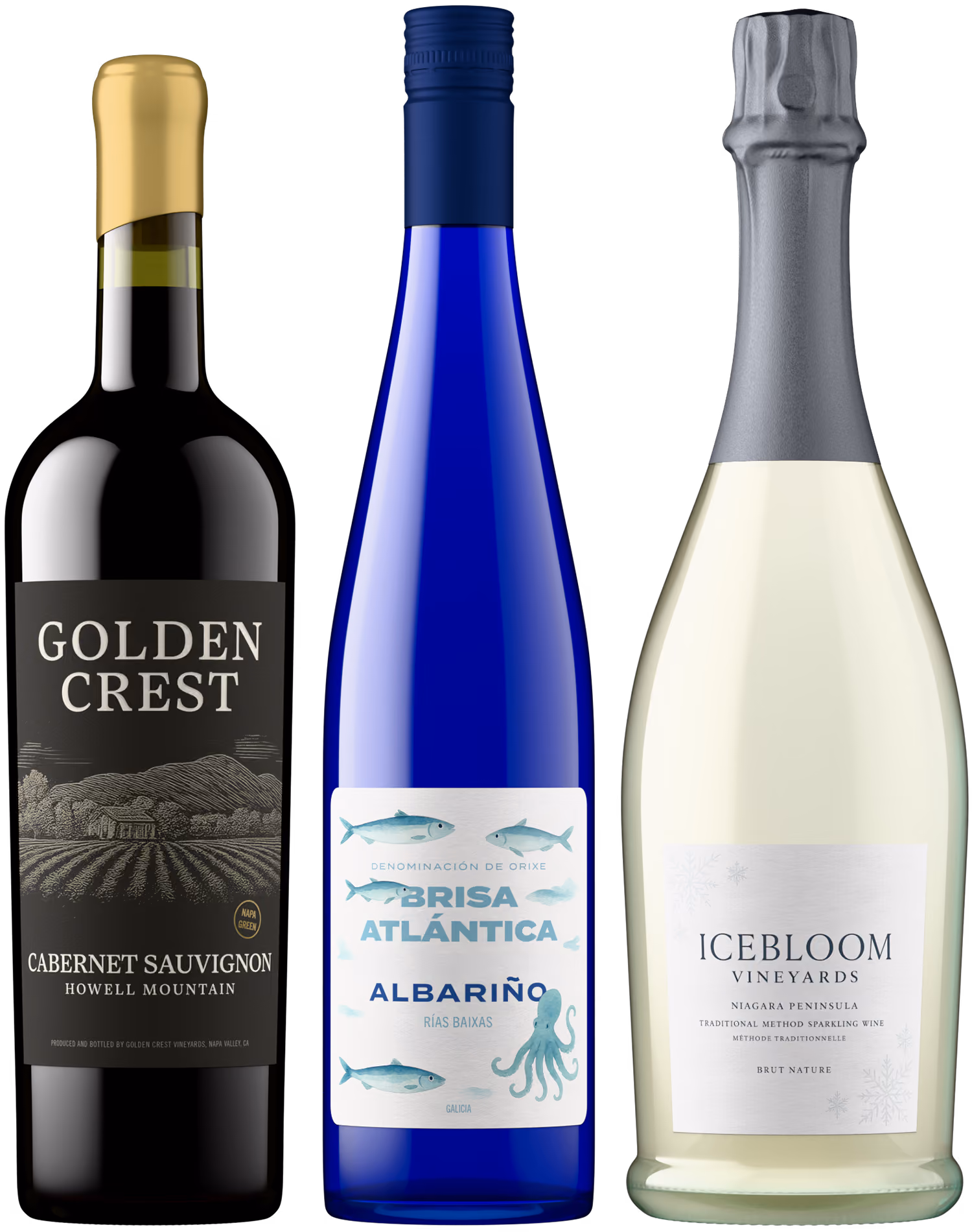 Three wine bottle shots side by side showing Golden Crest Cabernet Sauvignon, Brisa Atlantica Albarino, and Icebloom Vineyards sparkling, created with Outshinery Lite