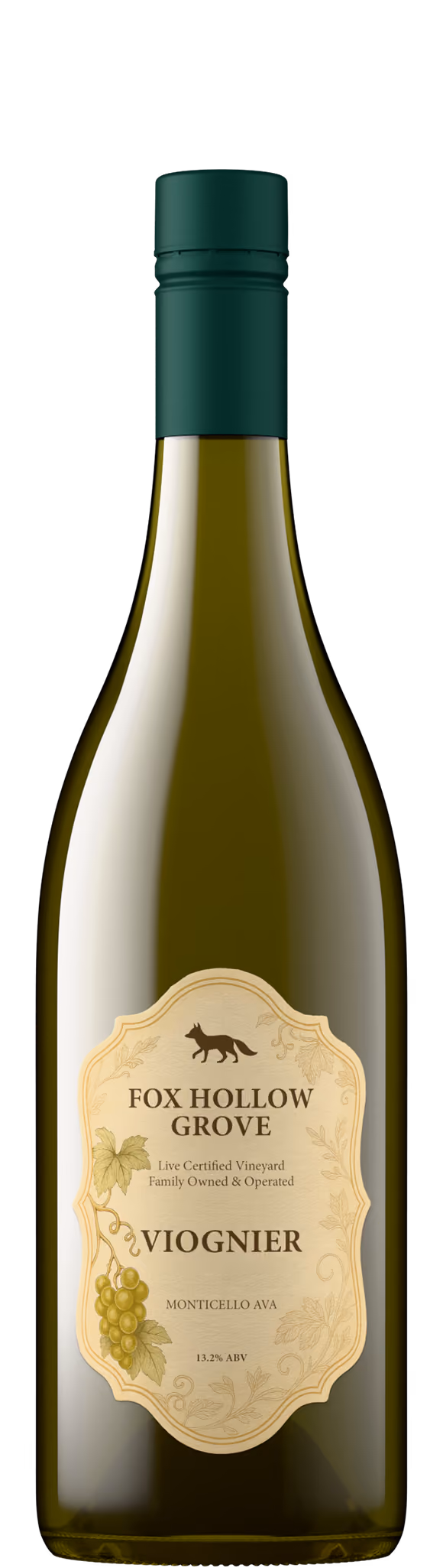 Fox Hollow Grove Viognier wine bottle shot in olive green glass with green capsule, Monticello AVA wine product photography