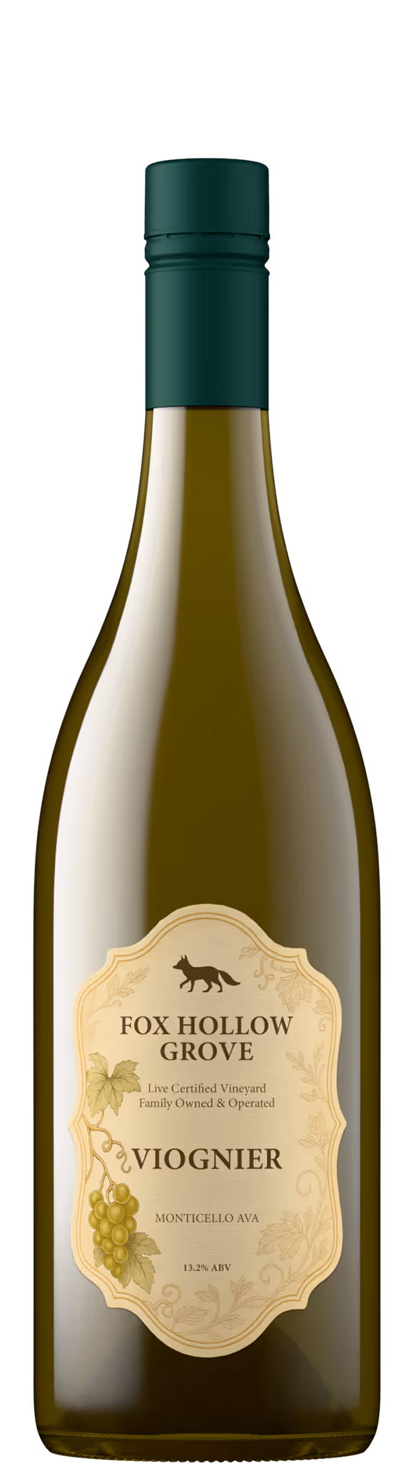 Fox Hollow Grove Viognier wine bottle shot in olive green glass with green capsule, Monticello AVA wine product photography