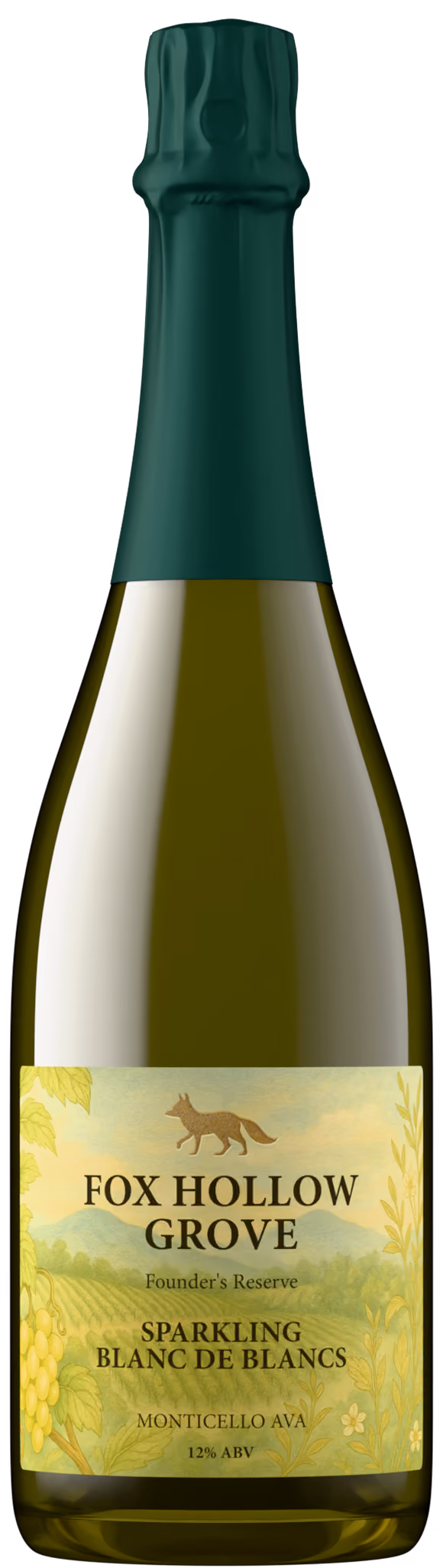 Fox Hollow Grove Sparkling Blanc de Blancs bottle shot with dark green capsule and champagne hood, Monticello AVA wine product photography