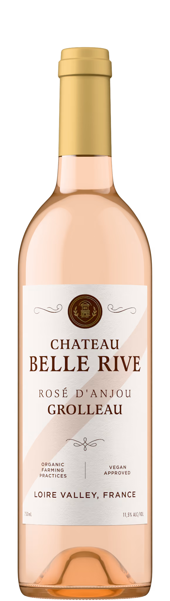 Chateau Belle Rive Rose d'Anjou Grolleau bottle shot in clear glass showing pale pink liquid, Loire Valley wine product photography