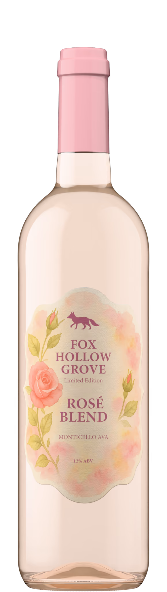 Fox Hollow Grove Rose Blend Limited Edition bottle shot in clear glass with pink capsule, Monticello AVA wine product photography