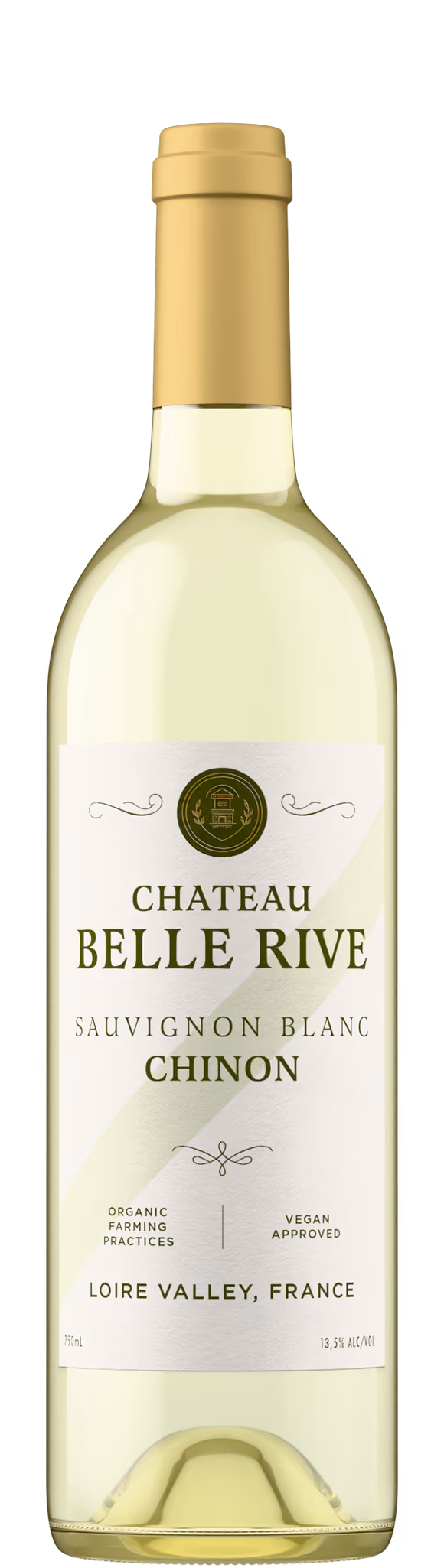 Chateau Belle Rive Sauvignon Blanc Chinon bottle shot in clear glass with gold capsule, Loire Valley wine product photography