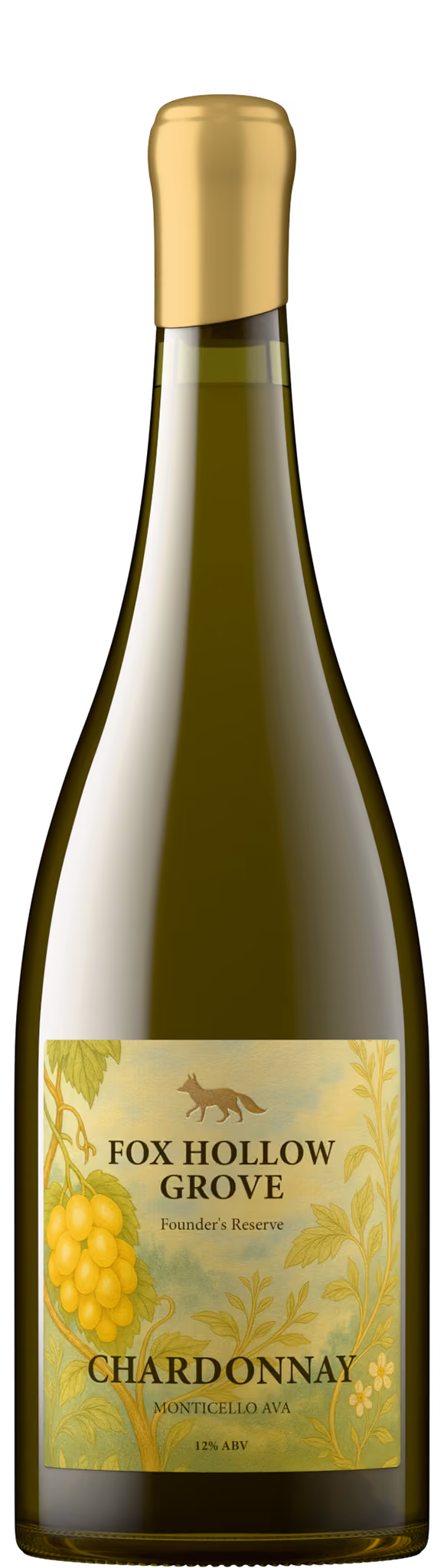 Fox Hollow Grove Chardonnay wine bottle shot in olive green glass with gold capsule, Monticello AVA wine product photography