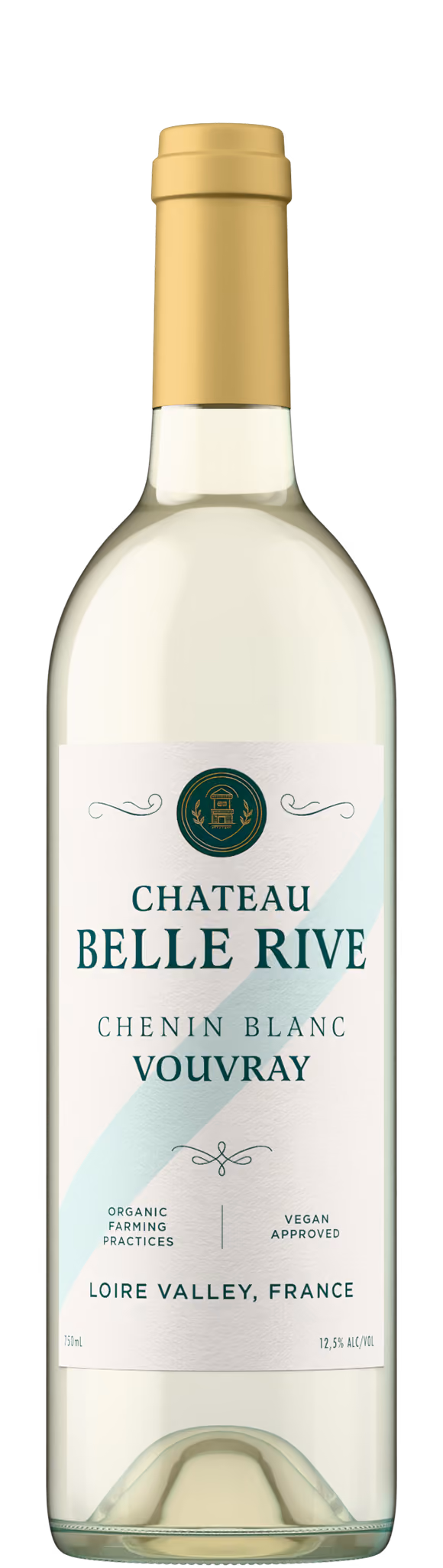 Chateau Belle Rive Chenin Blanc Vouvray bottle shot in clear glass with gold capsule, Loire Valley white wine product photography