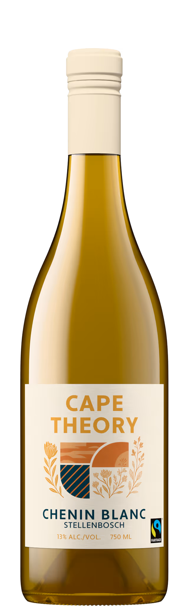 Cape Theory Chenin Blanc front label bottle shot with wheat emblem, Stellenbosch South Africa wine product photography
