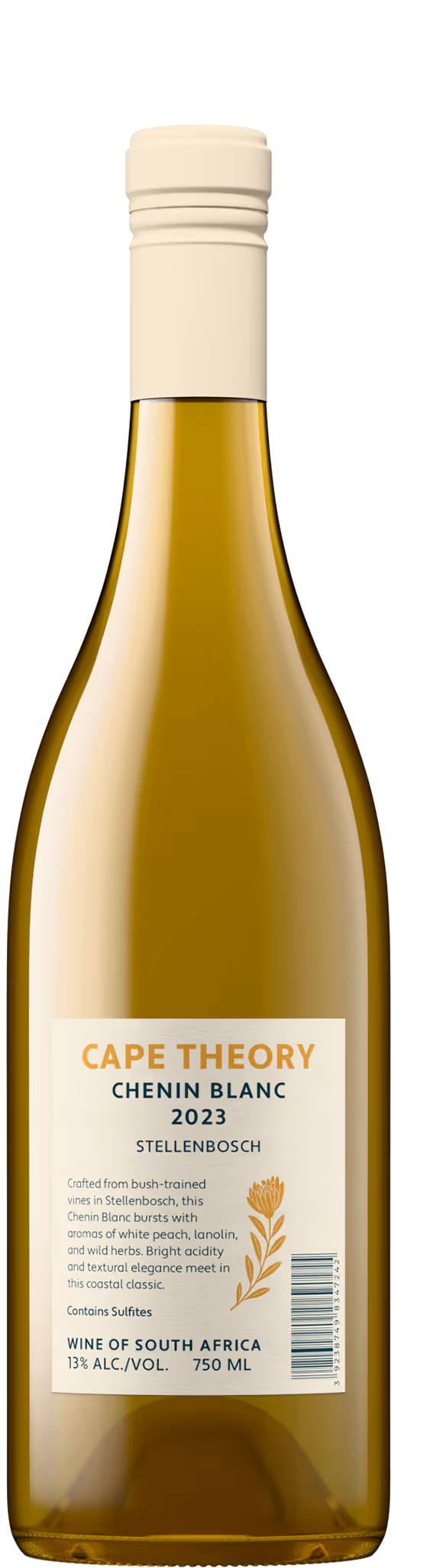 Cape Theory Chenin Blanc back label bottle shot showing Fairtrade certification and tasting notes, South Africa wine product photography