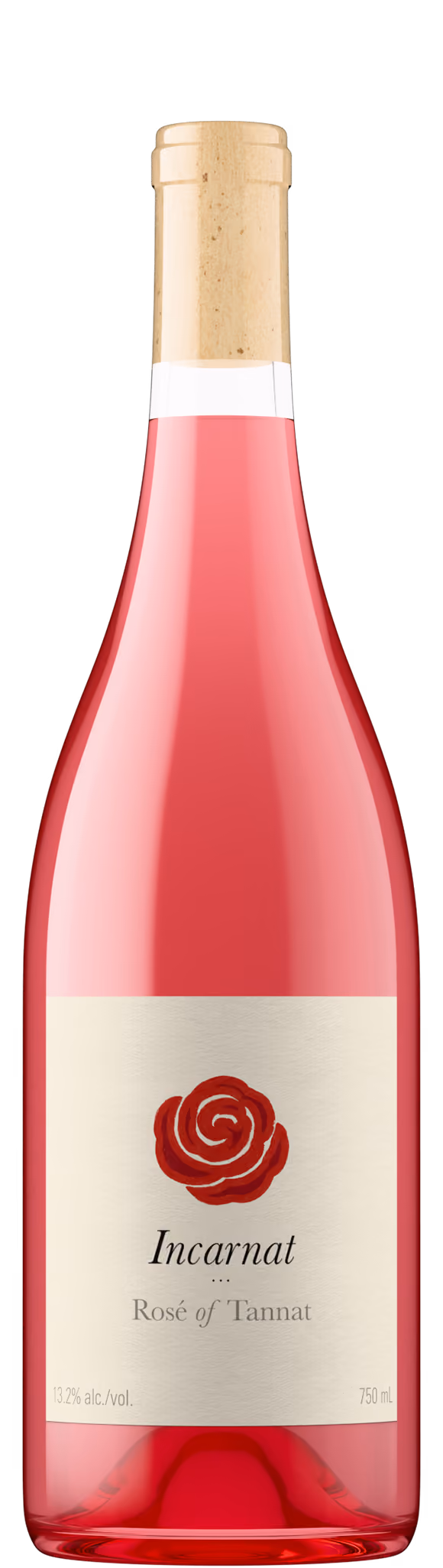 Incarnat Rose of Tannat bottle shot in deep rose glass with natural cork, showing vivid pink liquid color
