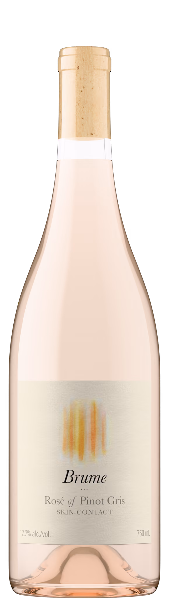 Brume Rose of Pinot Gris skin-contact bottle shot in light peach glass, showing delicate blush liquid color