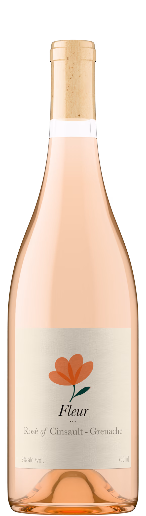 Fleur Rose of Cinsault-Grenache bottle shot in pale pink glass with natural cork, showing light salmon liquid color