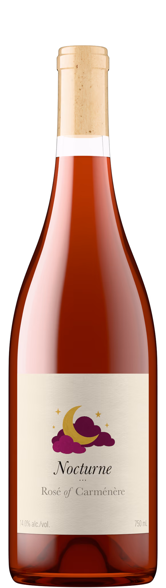 Nocturne Rose of Carmenere bottle shot in deep amber-pink glass with natural cork, showing rich copper liquid color
