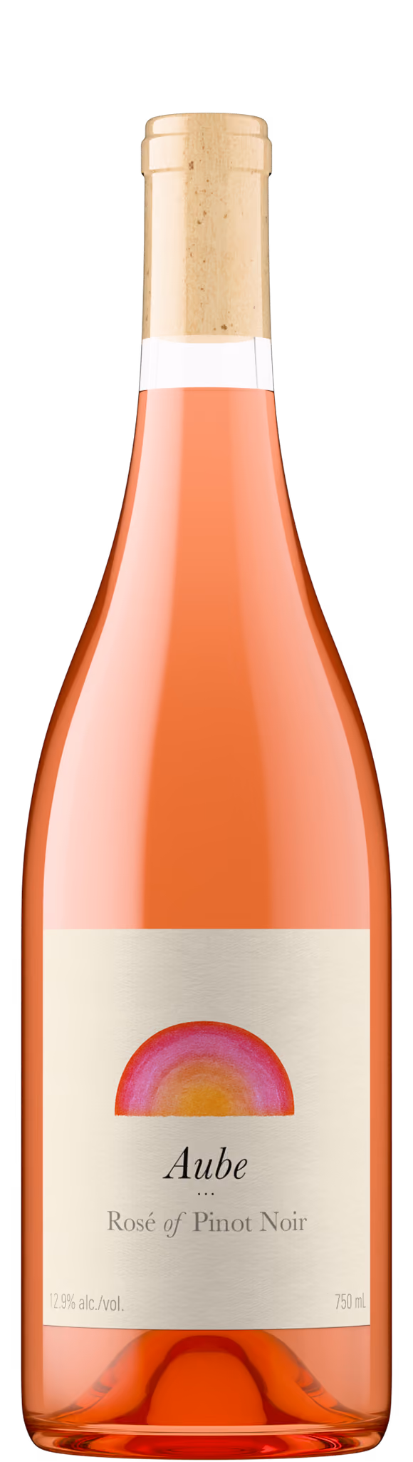 Aube Rose of Pinot Noir bottle shot in soft salmon glass with natural cork, showing warm peach liquid color