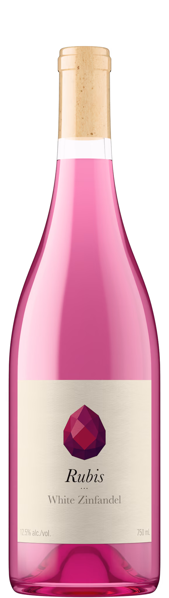 Rubis White Zinfandel bottle shot in bright pink glass with natural cork, showing bold magenta liquid color