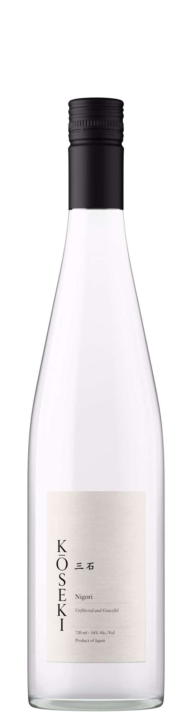 Koseki Nigori sake bottle shot in clear glass with milky white liquid, photorealistic product photography by Outshinery Lite