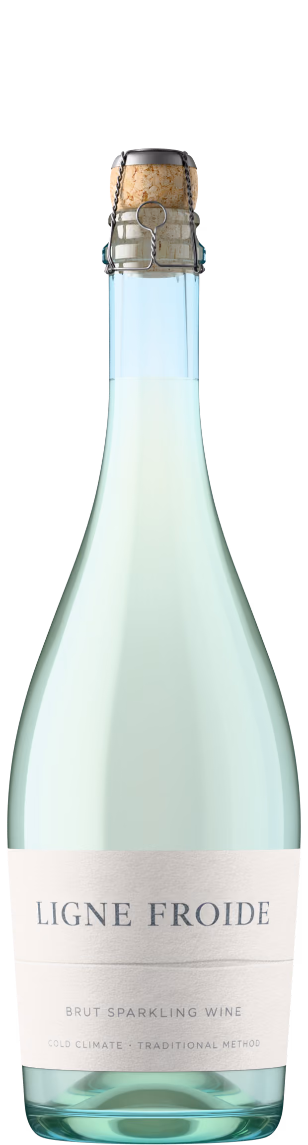 Ligne Froide Brut Sparkling Wine bottle shot in pale blue glass with champagne hood, product photography by Outshinery Lite