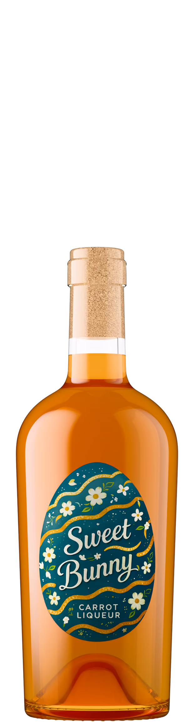 Sweet Bunny Carrot Liqueur bottle shot in amber glass with colorful oval label, spirit product photography by Outshinery Lite