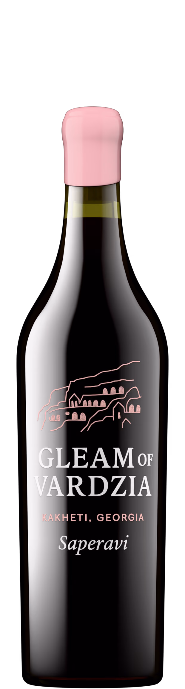 Gleam of Vardzia Saperavi red wine bottle shot from Kakheti Georgia with pink wax closure, product photography by Outshinery Lite