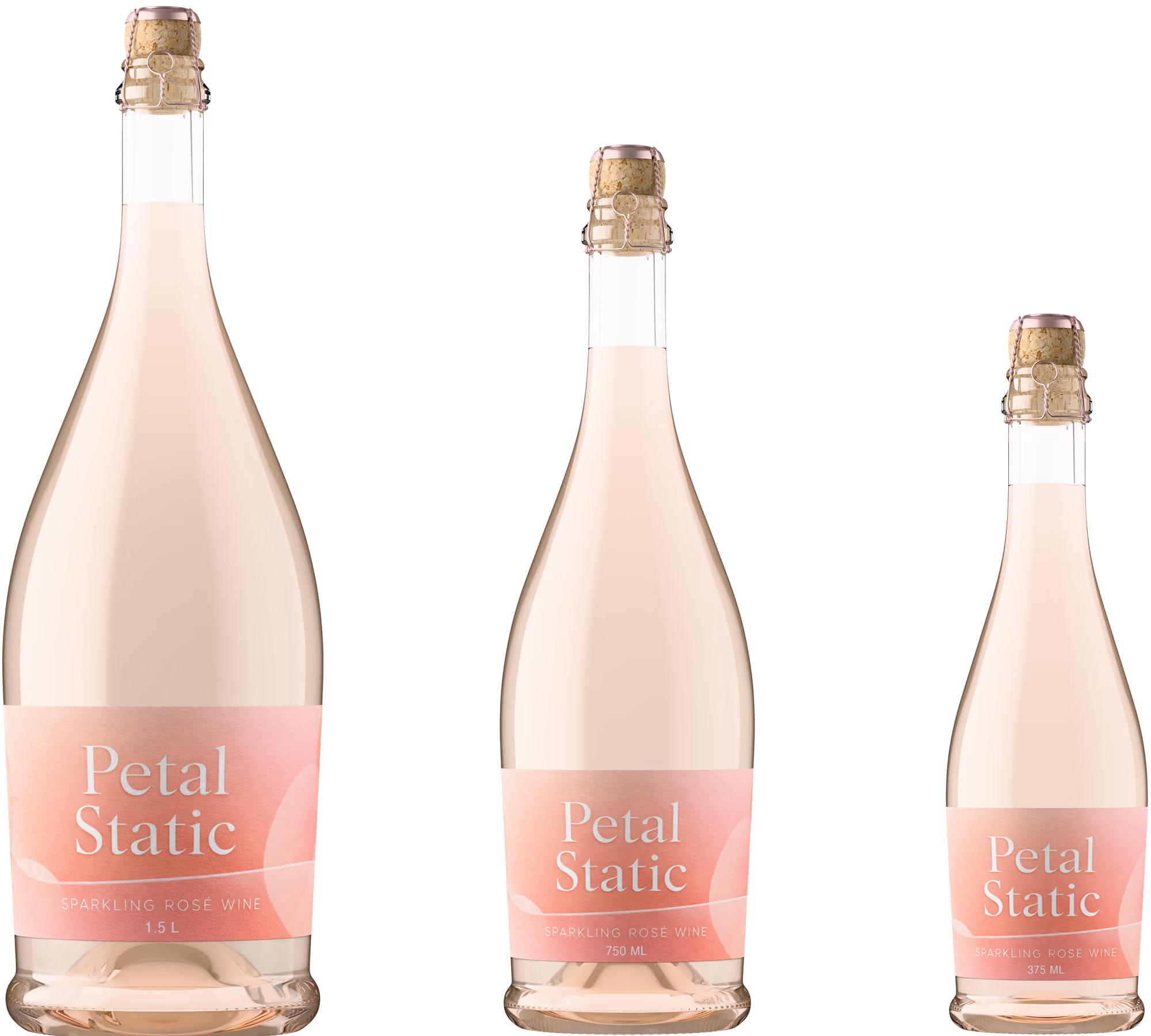 Petal Static Sparkling Rose Wine in three bottle sizes, magnum, 750ml, and 375ml, showing the range of formats available in Outshinery Lite