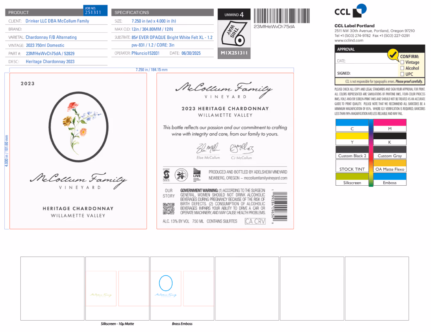 Wine label print production sheet showing McCollum Family Vineyard Chardonnay artwork with printer marks, die lines, and color proofs, the starting file format for free label prep