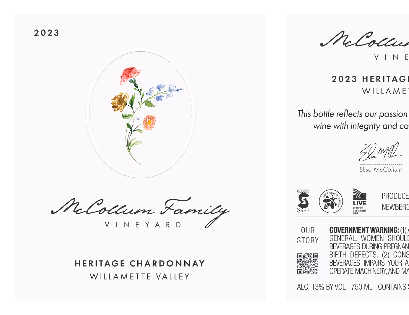Extracted front and back wine labels for McCollum Family Vineyard Heritage Chardonnay, isolated from the print sheet with clean edges during Outshinery Lite label preparation