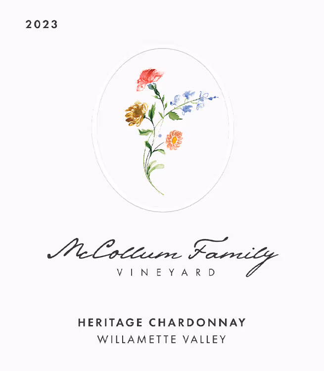 Final Lite-ready transparent PNG of McCollum Family Vineyard Heritage Chardonnay label with floral illustration, prepared for wine bottle shot creation in Outshinery Lite