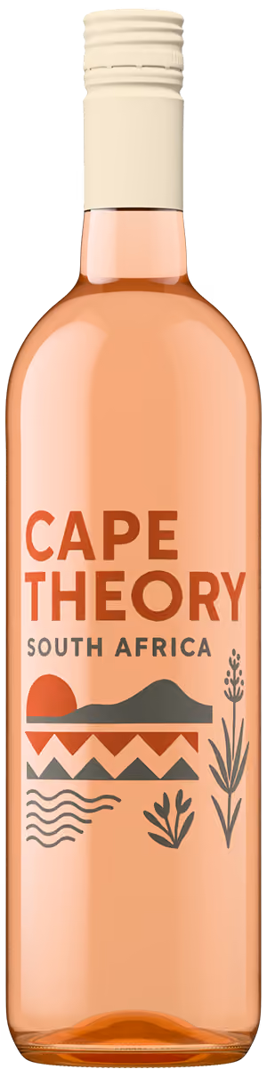 Bottle of Cape Theory South Africa rosé wine with minimalist design featuring a sunset, mountains, waves, and plants.