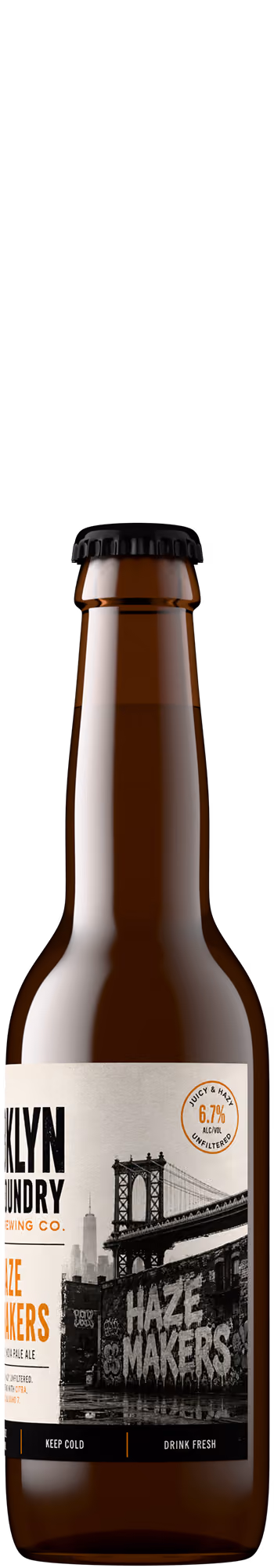 Hazy IPA beer bottle shot in amber glass with black crown cap, created with Outshinery Lite