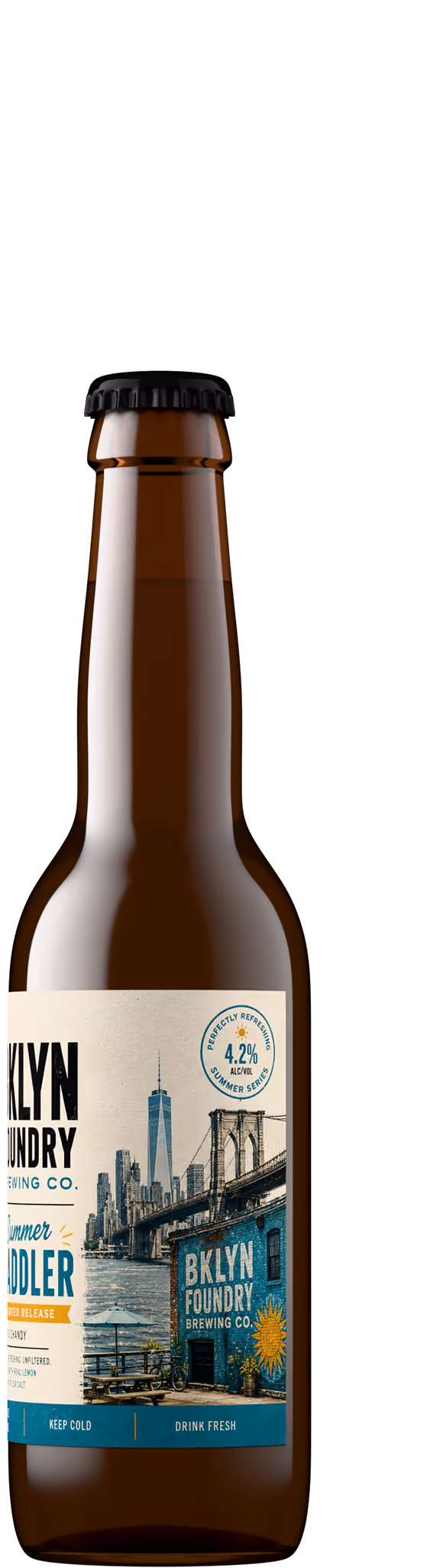 Limited release shandy bottle shot with illustrated skyline label, amber glass and crown cap, craft beer product photography