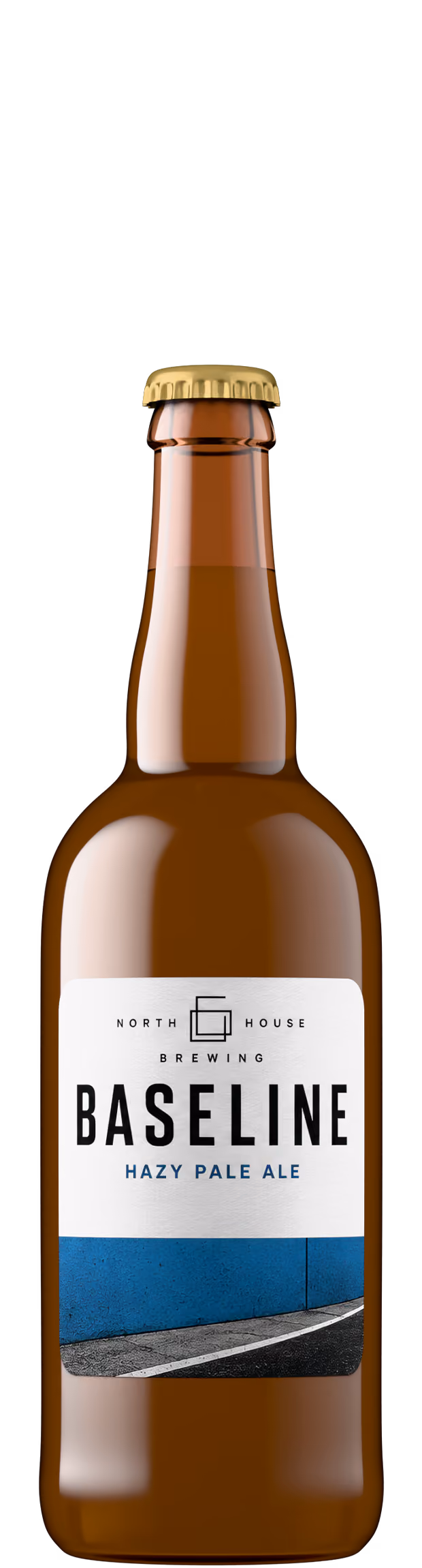 Hazy pale ale beer bottle shot with gold crown cap, craft beer product photography by Outshinery Lite