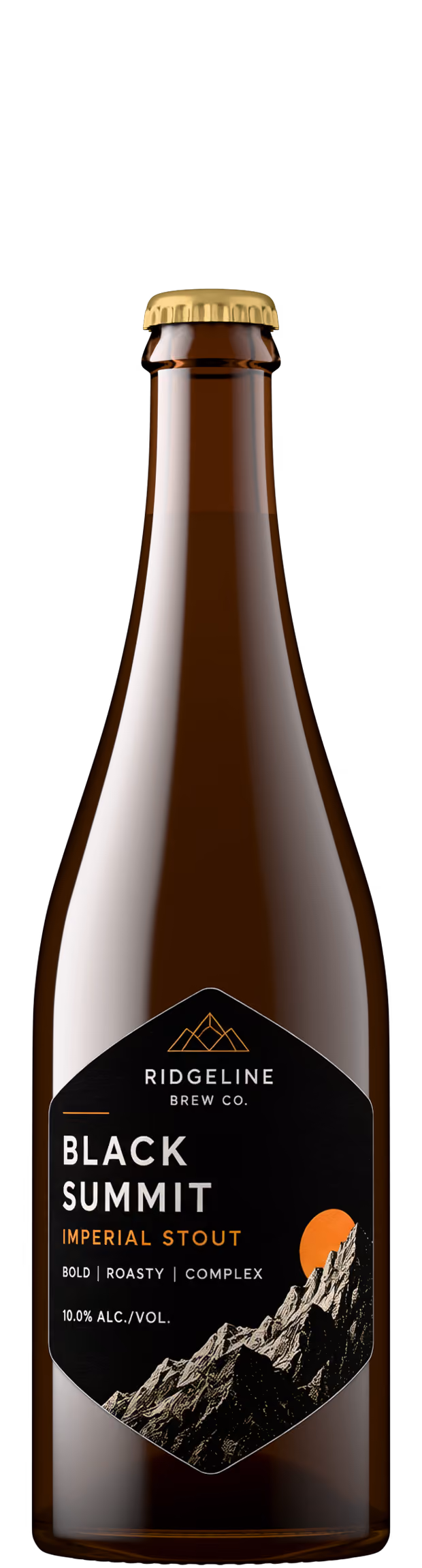 Imperial stout bottle shot with black hexagonal label, craft beer product photography by Outshinery Lite
