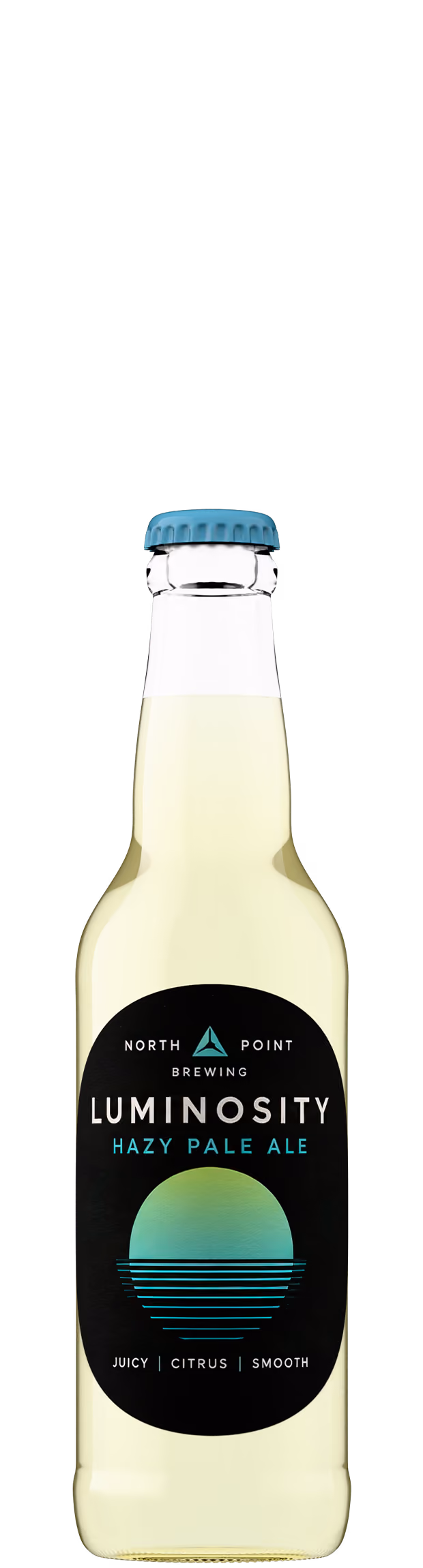 Hazy pale ale beer bottle shot in clear glass with blue crown cap, craft beer product photography by Outshinery Lite