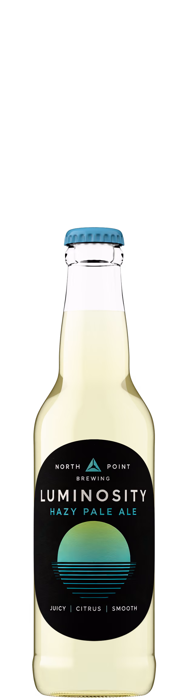 Hazy pale ale beer bottle shot in clear glass with blue crown cap, craft beer product photography by Outshinery Lite