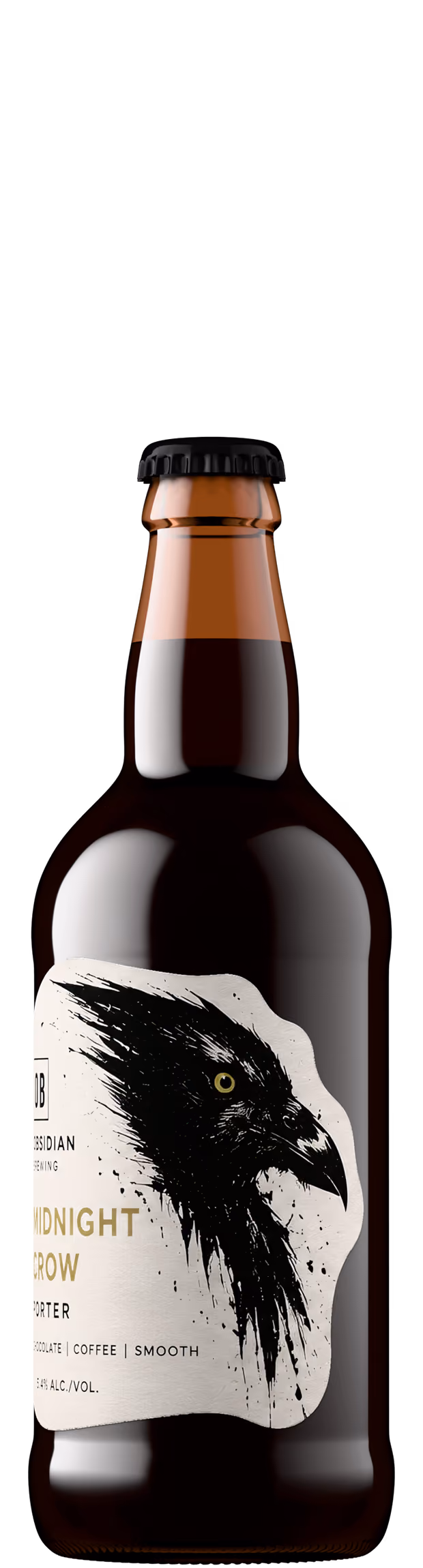 Porter beer bottle shot with die-cut crow label, craft beer product photography by Outshinery Lite