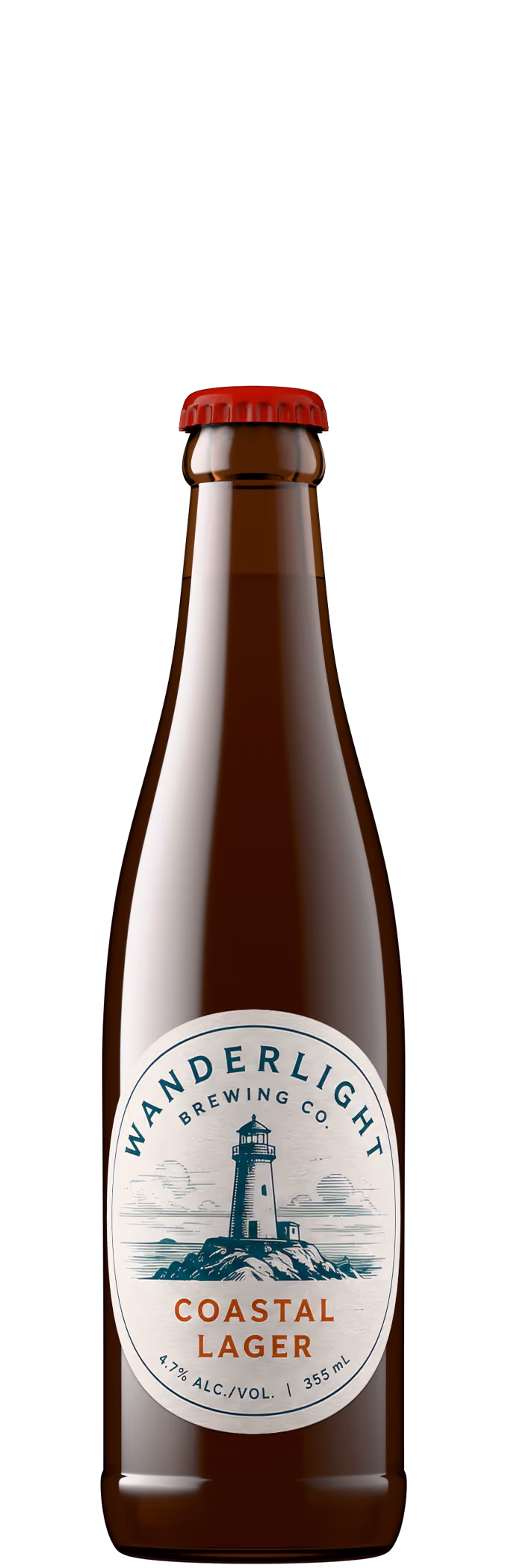 Coastal lager beer bottle shot in amber glass with red crown cap, generated with Outshinery Lite