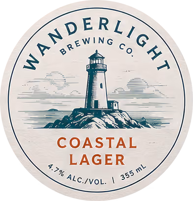 Sample oval beer label artwork with lighthouse illustration, the flat label file uploaded to Outshinery Lite