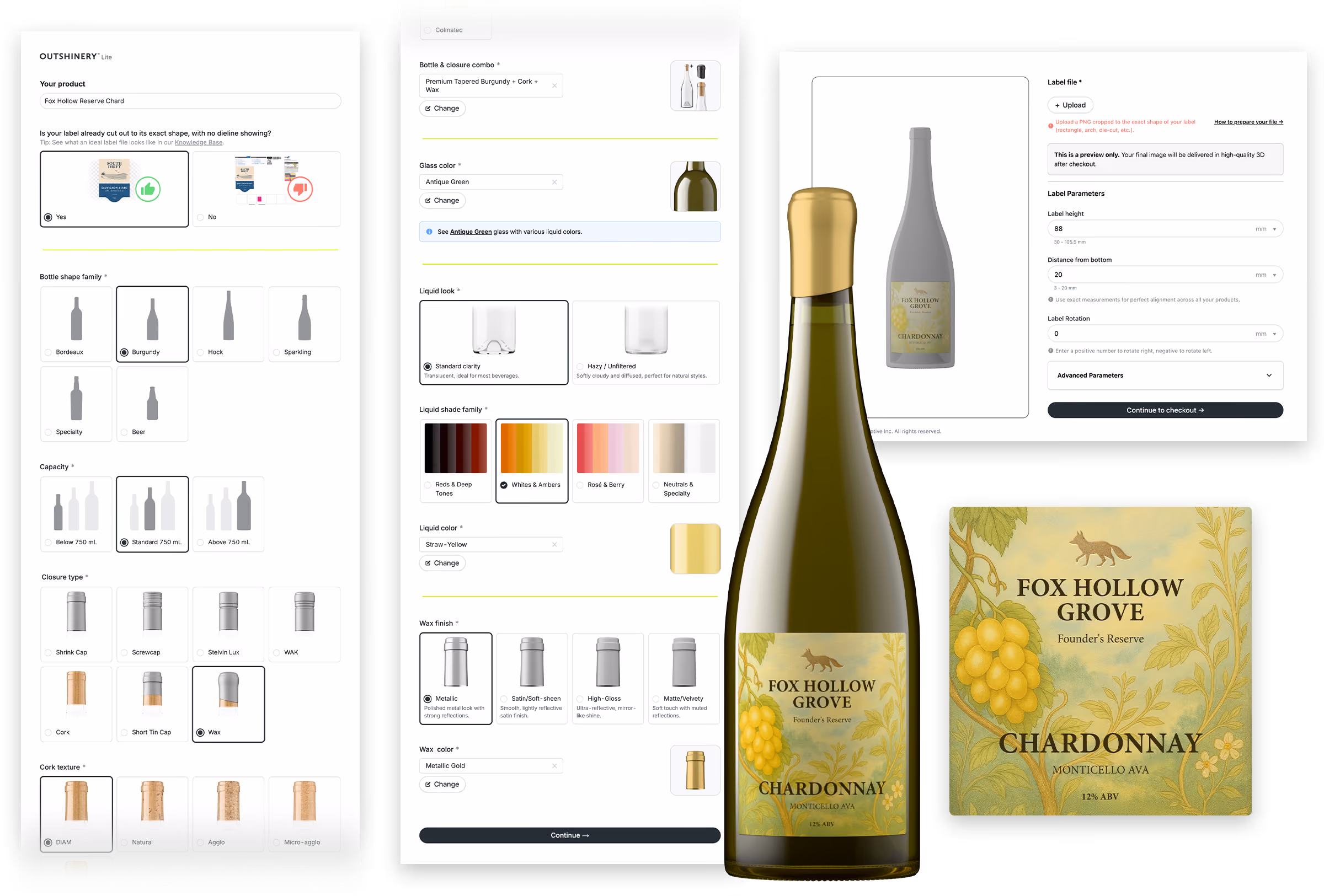 Outshinery Lite bottle shot generator interface showing bottle shape, closure, glass, and liquid options with a finished Fox Hollow Grove Chardonnay render