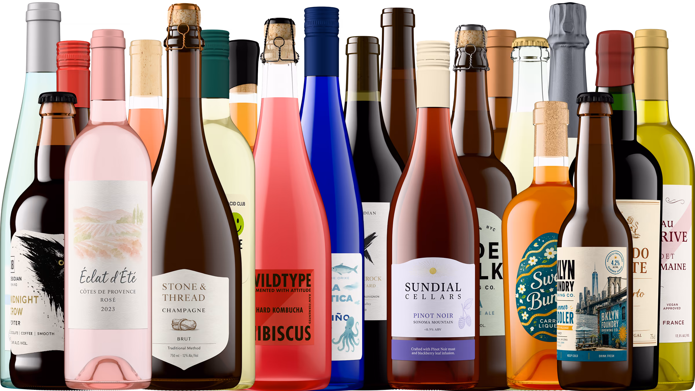 Lineup of wine, cider, beer, and hard kombucha bottle shots in varied glass colors, all created with the Outshinery Lite bottle shot generator