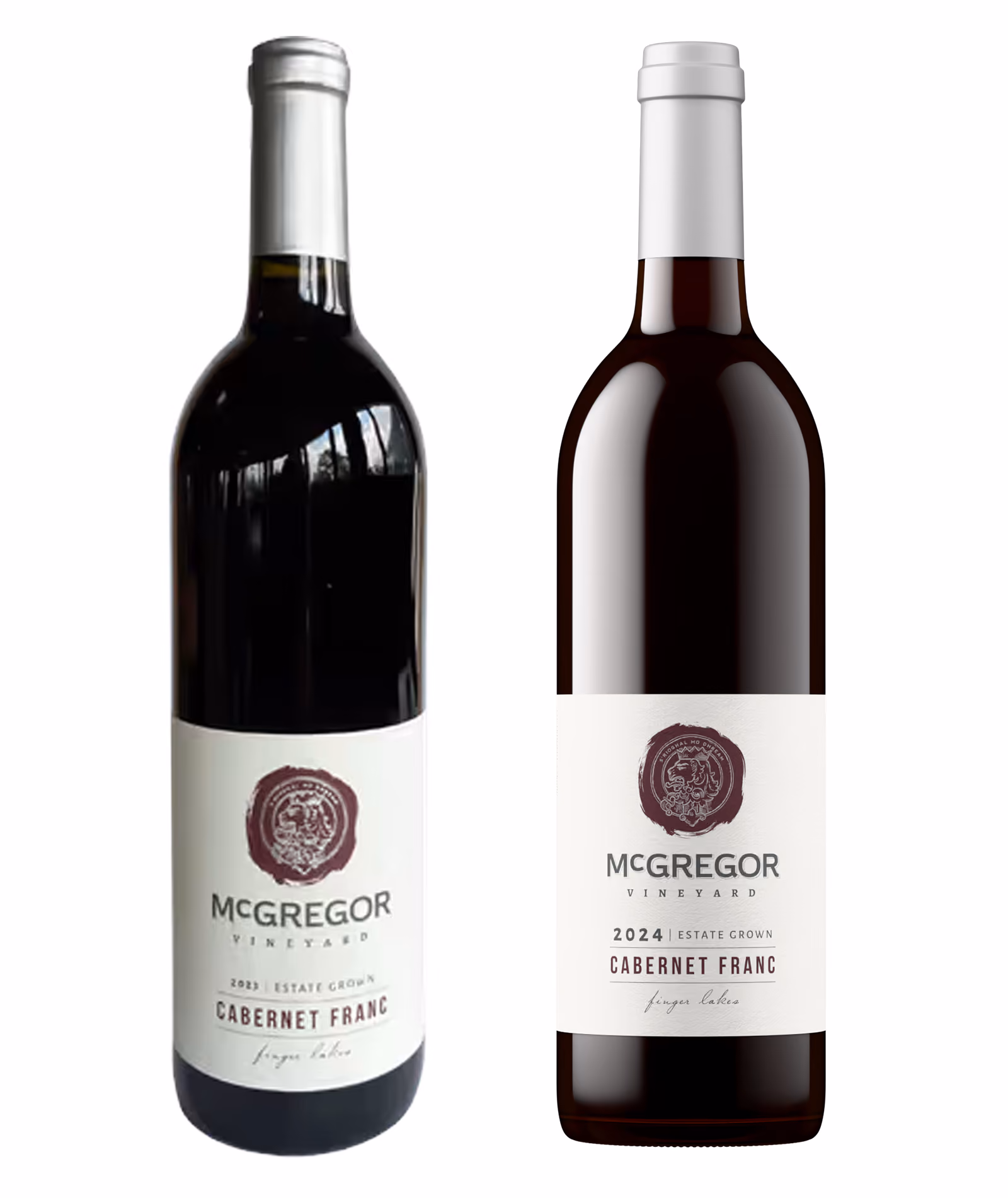 McGregor Vineyard Cabernet Franc side by side, an older 2023 product photo next to the 2024 bottle shot created with Outshinery Lite