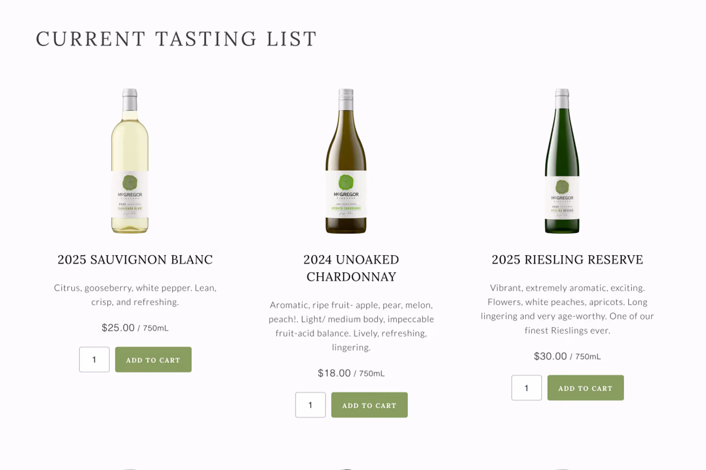 McGregor Vineyard current tasting list page showing Sauvignon Blanc, Unoaked Chardonnay and Riesling Reserve bottle shots created with Outshinery Lite