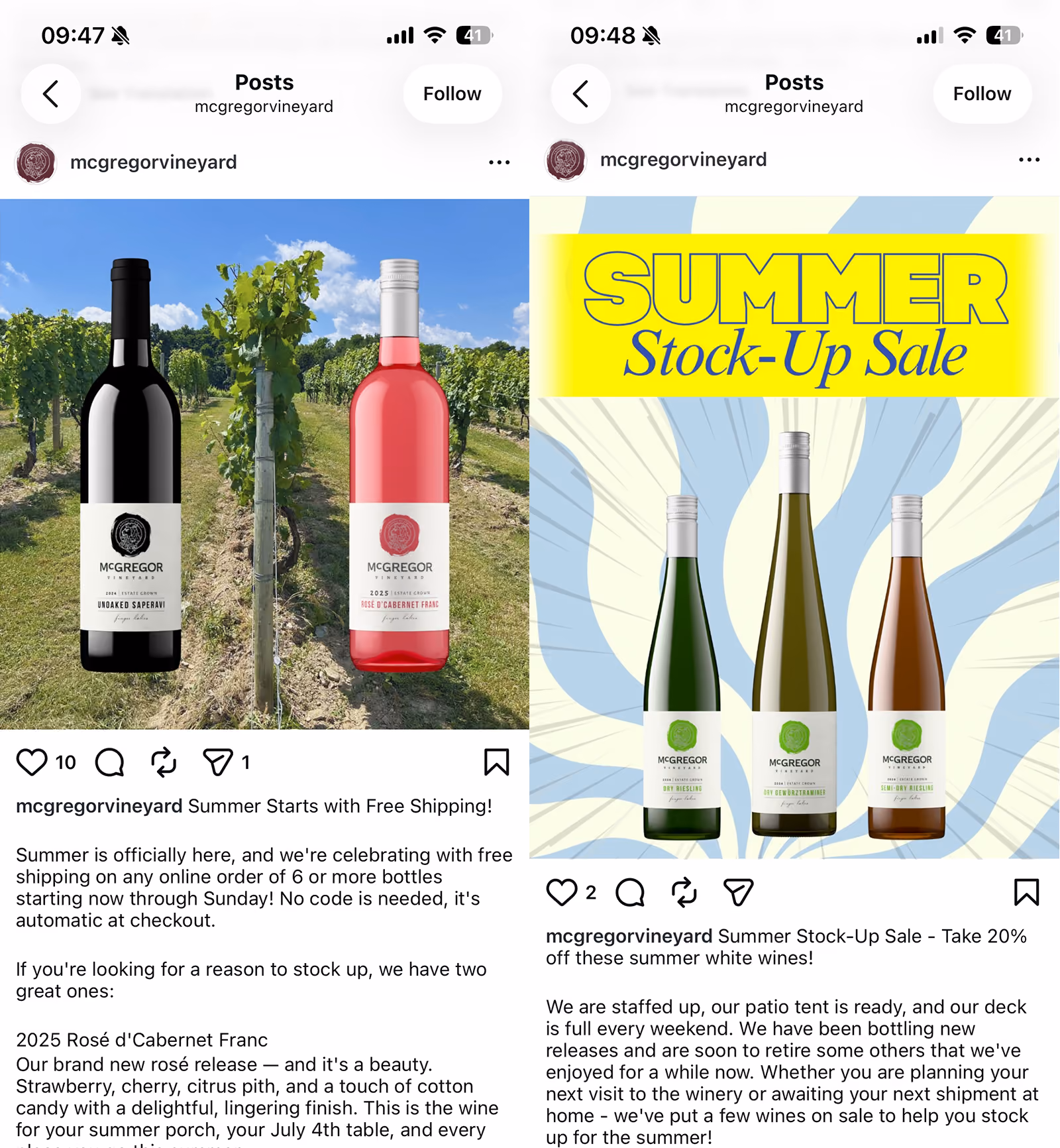 McGregor Vineyard Instagram posts using Outshinery Lite bottle shots, Unoaked Saperavi and Rose d'Cabernet Franc in the vineyard rows and a summer sale graphic with three white wines