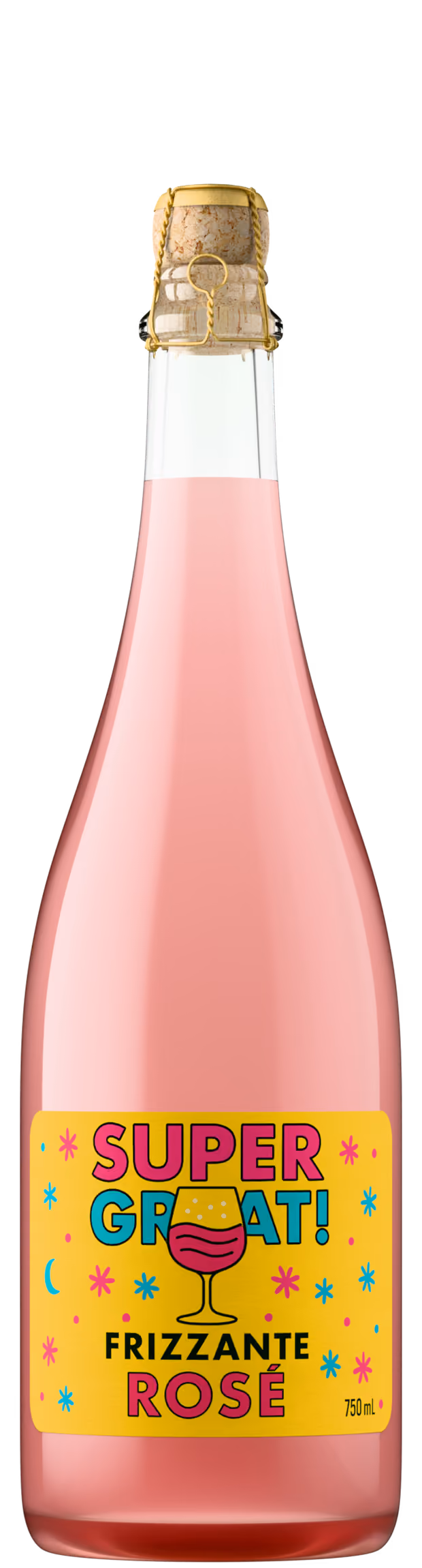 Sparkling rose bottle with a gold wire cage closure and the Super Great! Frizzante Rose label, a wine bottle shot from Outshinery Lite